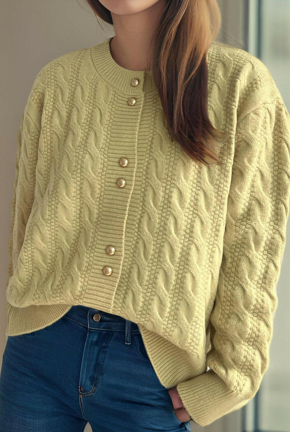 Cable-Knit Round Neck Long Sleeve Cardigan-Cardigans-Krush Kandy, Women's Online Fashion Boutique Located in Phoenix, Arizona (Scottsdale Area)