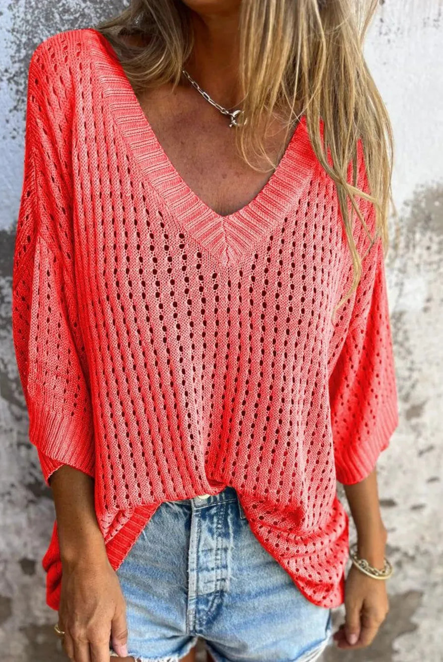 Full Size Openwork V-Neck Knit Cover Up Plus Size-Tops-Krush Kandy, Women's Online Fashion Boutique Located in Phoenix, Arizona (Scottsdale Area)