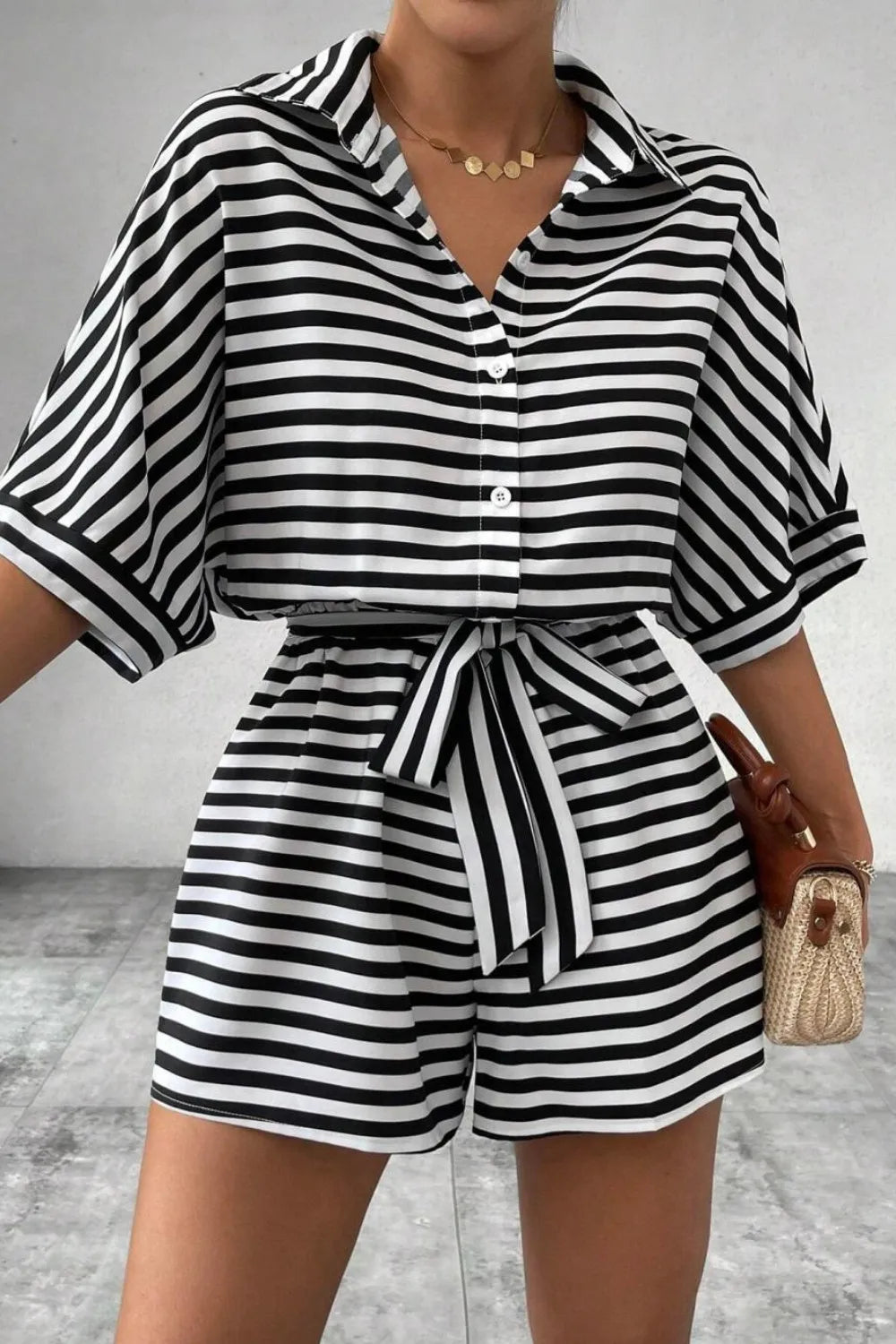 Striped Collared Neck Tie Waist Romper-Krush Kandy, Women's Online Fashion Boutique Located in Phoenix, Arizona (Scottsdale Area)