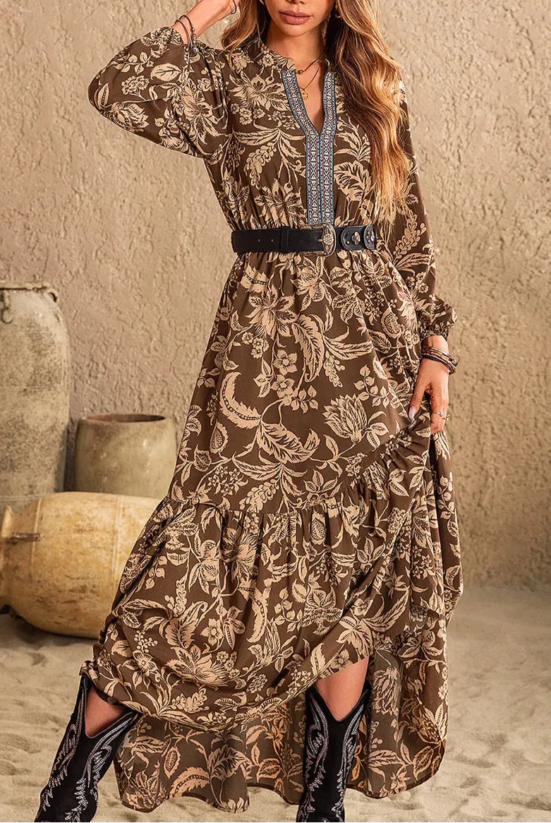 Ruched Printed Notched Long Sleeve Maxi Dress-Dresses-Krush Kandy, Women's Online Fashion Boutique Located in Phoenix, Arizona (Scottsdale Area)
