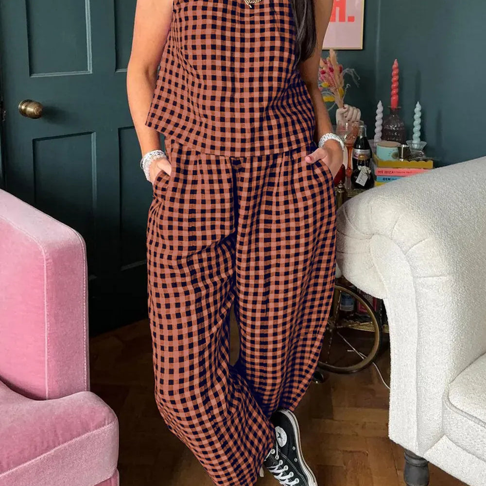 Lovelet Plaid Round Neck Sleeveless Top and Pants Set-2 Piece Outfit Sets-Krush Kandy, Women's Online Fashion Boutique Located in Phoenix, Arizona (Scottsdale Area)