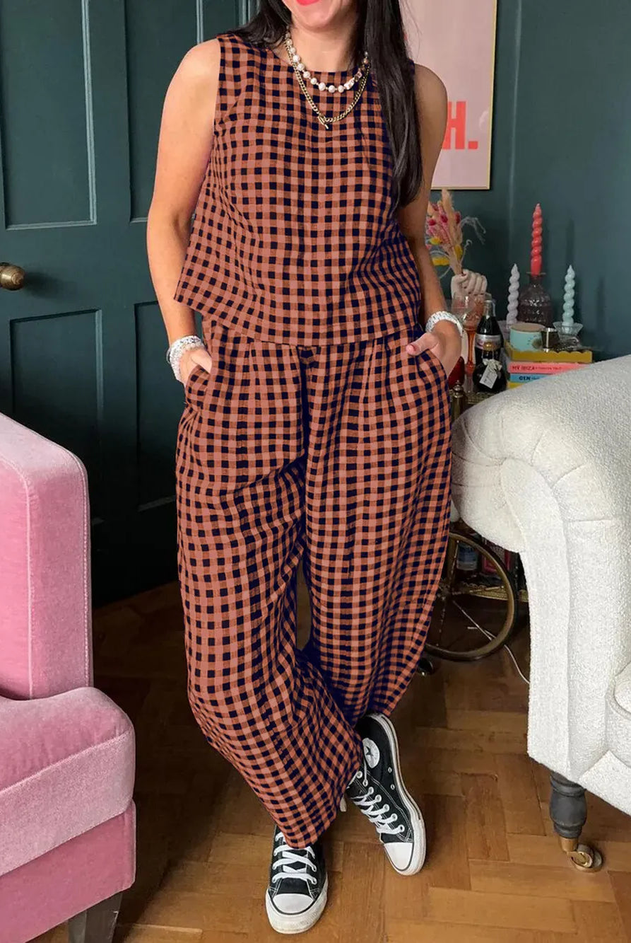 Lovelet Plaid Round Neck Sleeveless Top and Pants Set-2 Piece Outfit Sets-Krush Kandy, Women's Online Fashion Boutique Located in Phoenix, Arizona (Scottsdale Area)