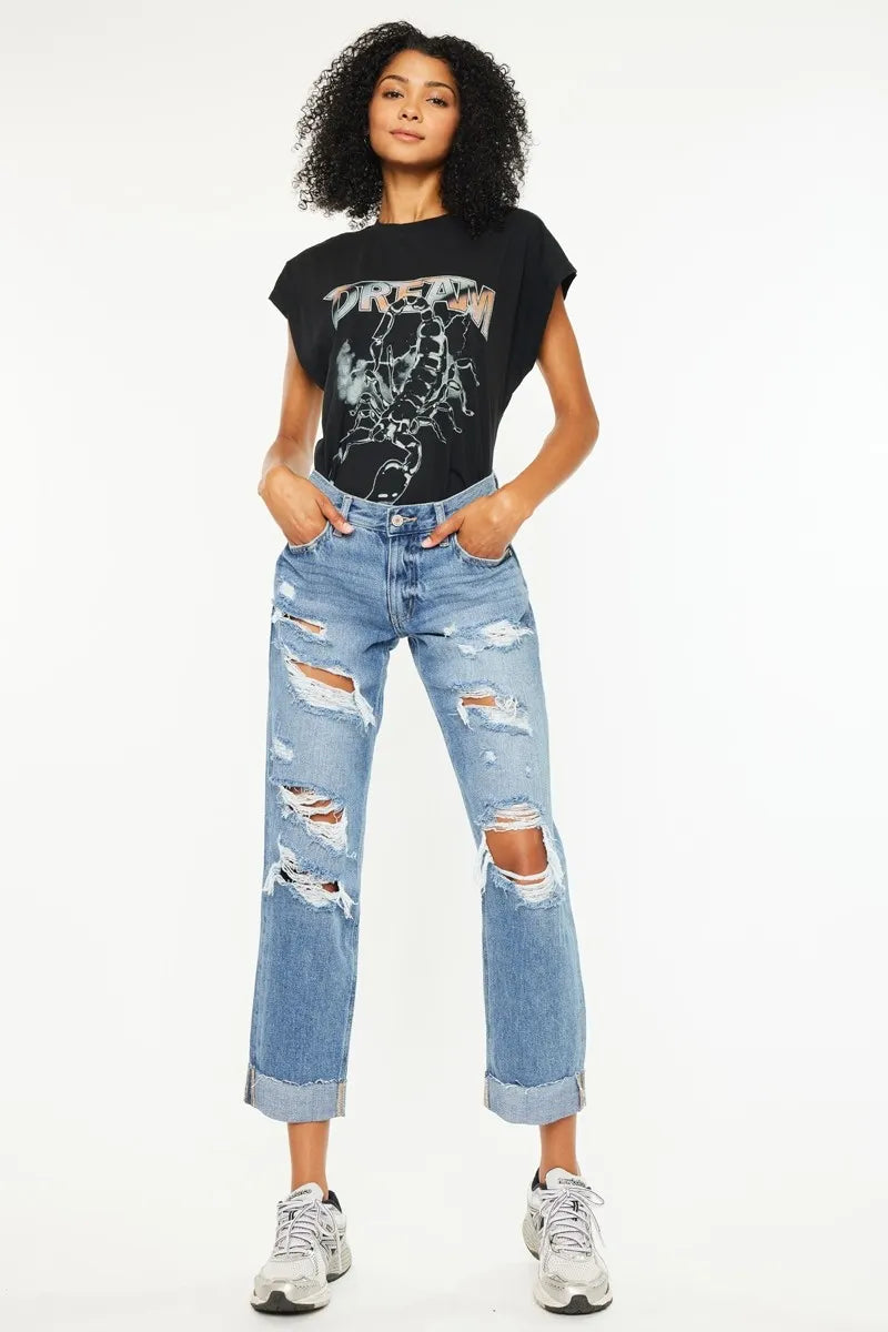 Kancan Mid Rise Distressed Boyfriend Fit Jeans-Denim-Krush Kandy, Women's Online Fashion Boutique Located in Phoenix, Arizona (Scottsdale Area)