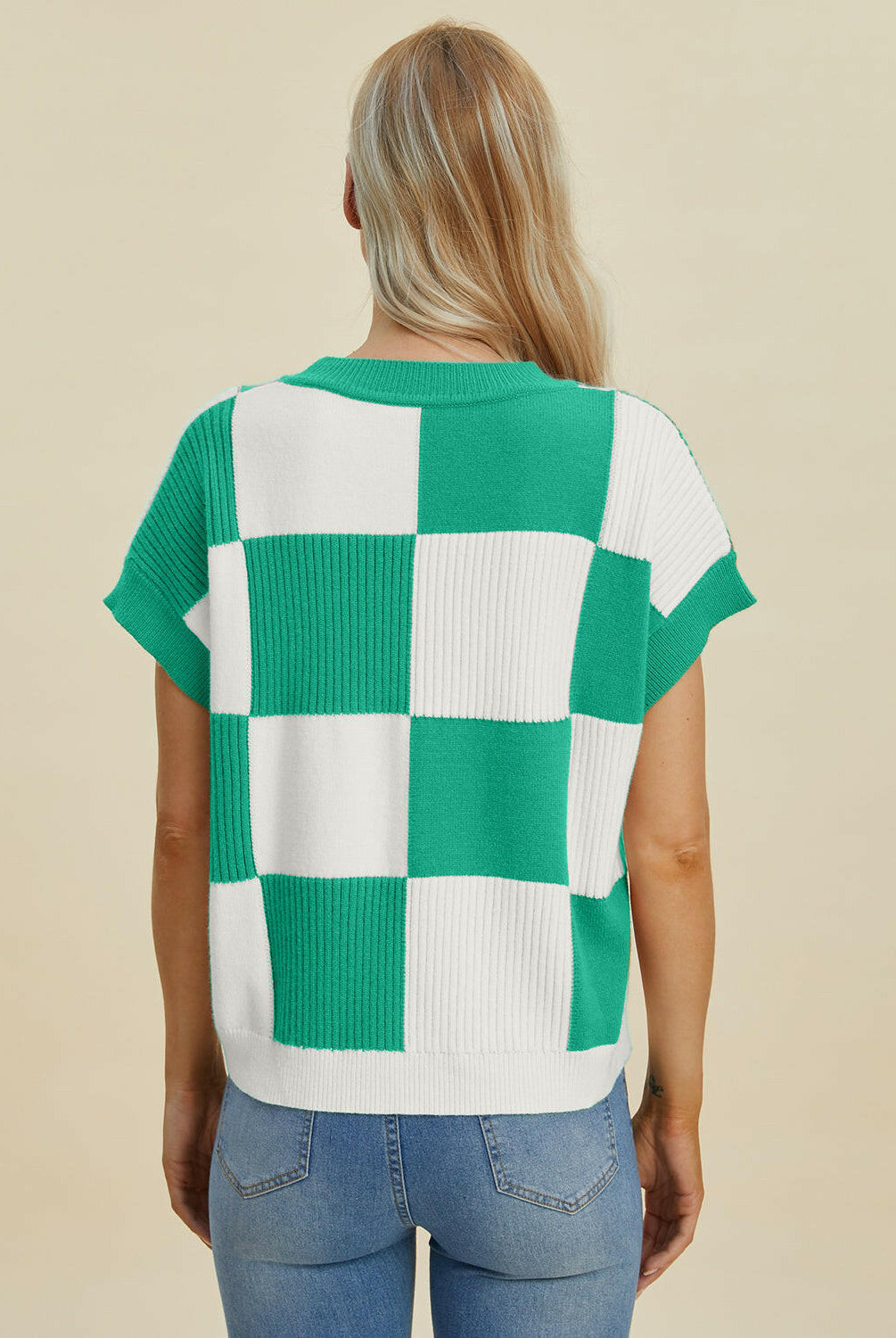 Double Take Full Size Checkered Round Neck Short Sleeve Sweater-Tops-Krush Kandy, Women's Online Fashion Boutique Located in Phoenix, Arizona (Scottsdale Area)
