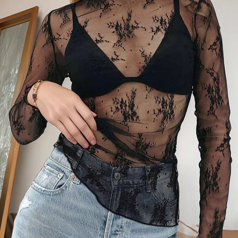 Floral Mock Neck Long Sleeve Mesh Top-Tops-Krush Kandy, Women's Online Fashion Boutique Located in Phoenix, Arizona (Scottsdale Area)