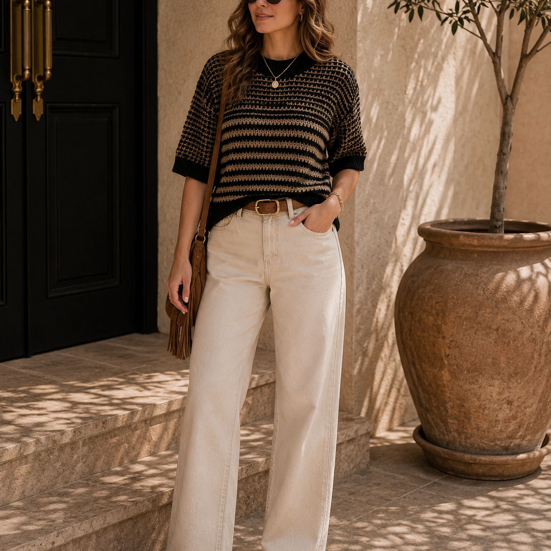 Stripe 3/4 Draped Sleeve Slouchy Sweater