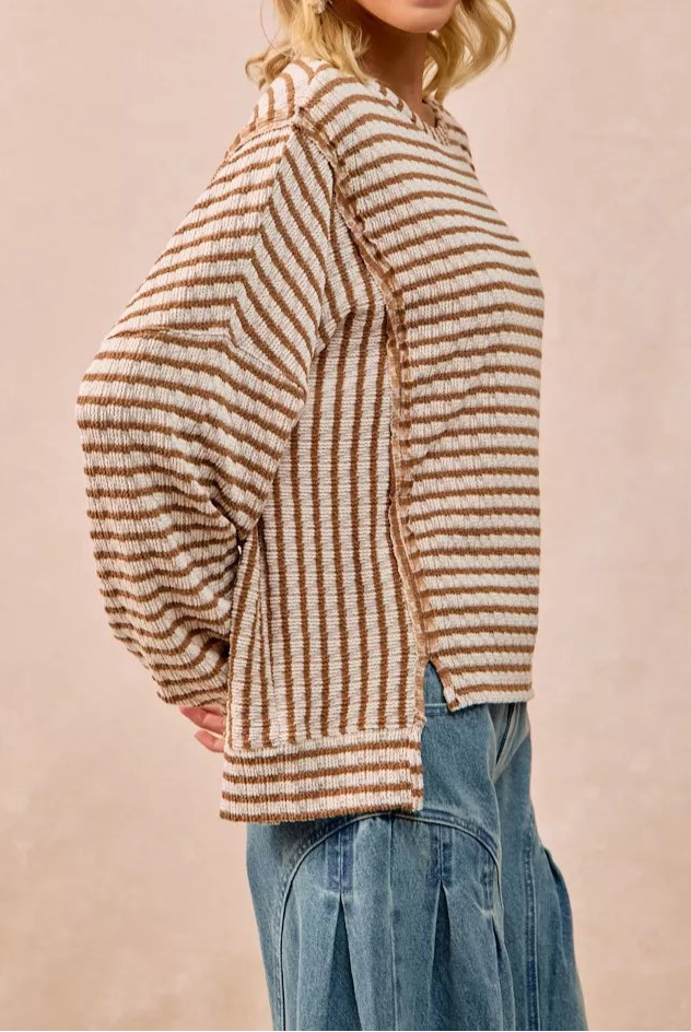 BiBi Open Seam Detail Textured Stripe Knit Top-Sweaters-Krush Kandy, Women's Online Fashion Boutique Located in Phoenix, Arizona (Scottsdale Area)