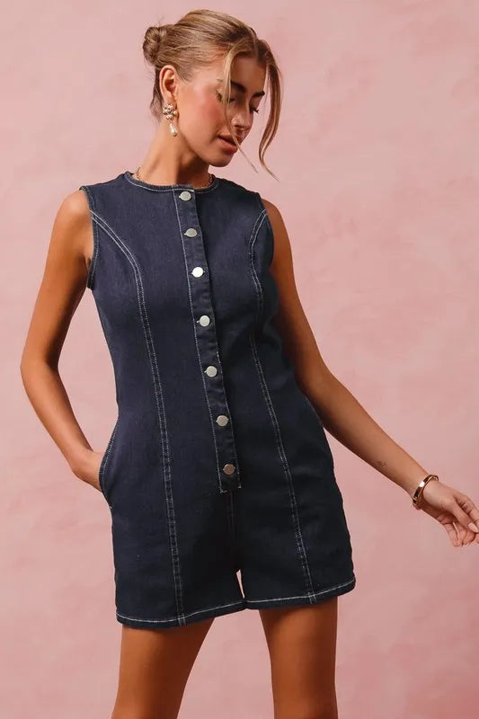 SO ME Button Up Front Washed Denim Sleeveless Romper-Jumpsuits & Rompers-Krush Kandy, Women's Online Fashion Boutique Located in Phoenix, Arizona (Scottsdale Area)