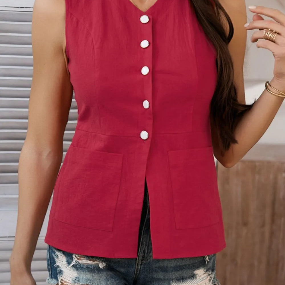 Devine Button Down V-Neck Sleeveless Top-Krush Kandy, Women's Online Fashion Boutique Located in Phoenix, Arizona (Scottsdale Area)