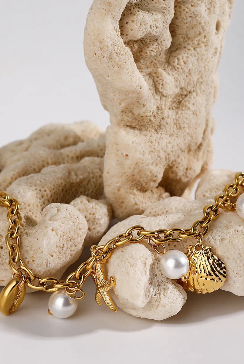 Ocean Theme Stainless Steel Chain Bracelet with Seashell and Starfish Pendants-Bracelets-Krush Kandy, Women's Online Fashion Boutique Located in Phoenix, Arizona (Scottsdale Area)