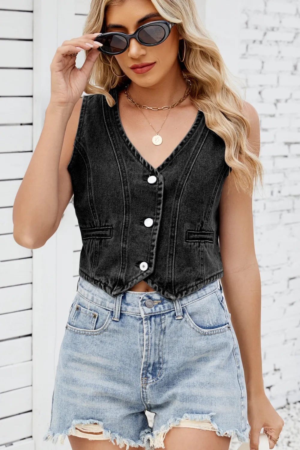 Button Down V-Neck Denim Vest-Krush Kandy, Women's Online Fashion Boutique Located in Phoenix, Arizona (Scottsdale Area)