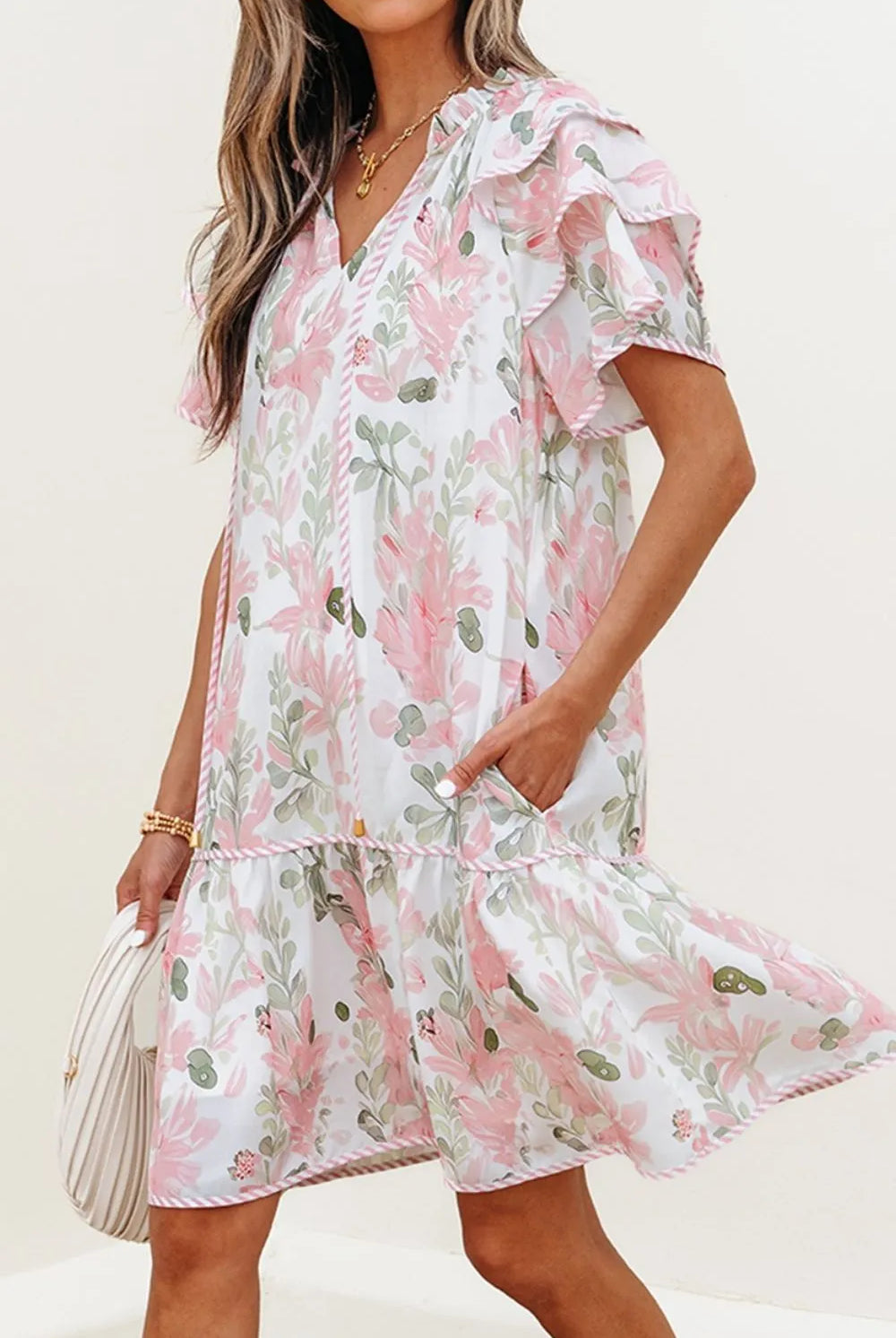 Floral Contrast Edge Layered Short Sleeve Mini Dress-dresses-Krush Kandy, Women's Online Fashion Boutique Located in Phoenix, Arizona (Scottsdale Area)