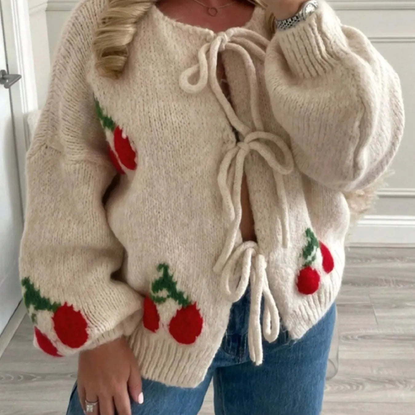 Cherry Pattern Tie-Front Oversized Cardigan-Cardigan-Krush Kandy, Women's Online Fashion Boutique Located in Phoenix, Arizona (Scottsdale Area)