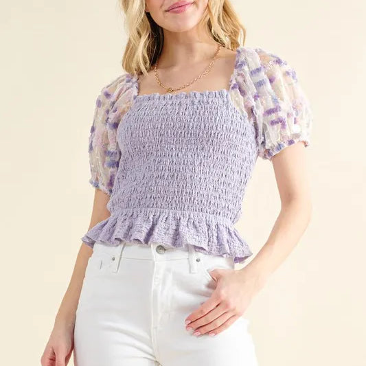 And The Why Embellishment Sleeve Smocked Top-Blouses-Krush Kandy, Women's Online Fashion Boutique Located in Phoenix, Arizona (Scottsdale Area)
