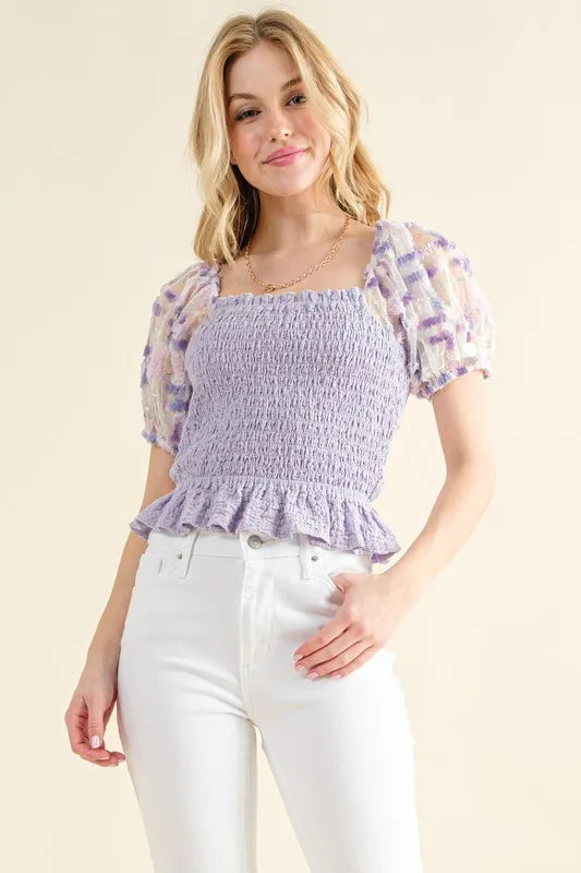 And The Why Embellishment Sleeve Smocked Top-Blouses-Krush Kandy, Women's Online Fashion Boutique Located in Phoenix, Arizona (Scottsdale Area)