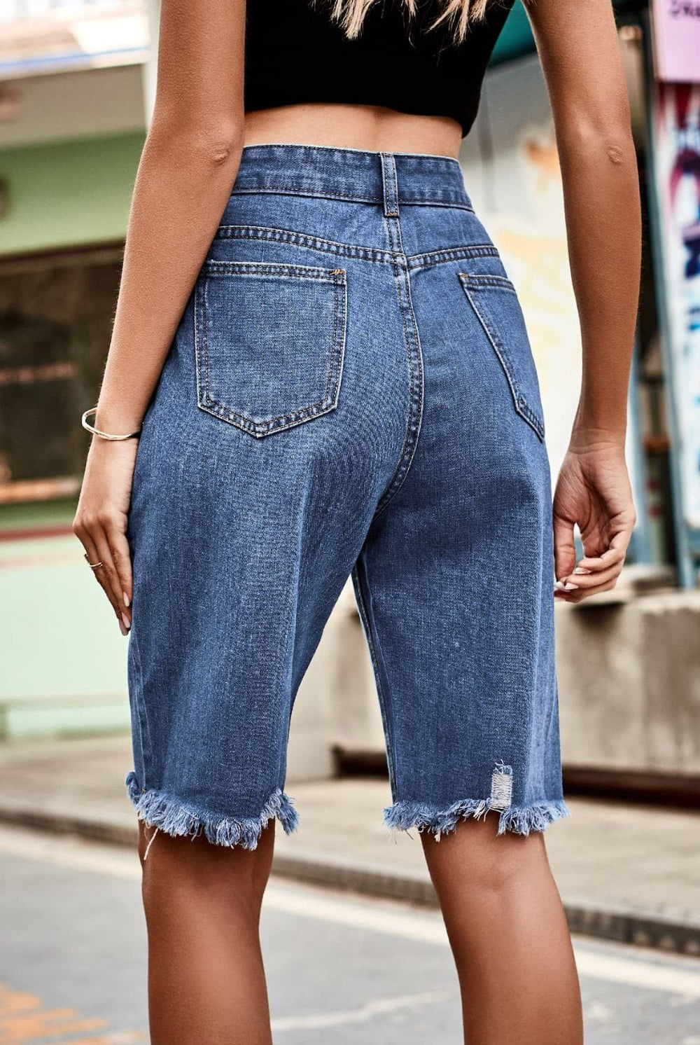 Raw Hem High Waist Denim Shorts with Pockets-Short-Krush Kandy, Women's Online Fashion Boutique Located in Phoenix, Arizona (Scottsdale Area)