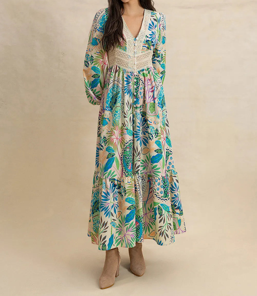 Slit Printed V-Neck Long Sleeve Midi Dress-Dresses-Krush Kandy, Women's Online Fashion Boutique Located in Phoenix, Arizona (Scottsdale Area)
