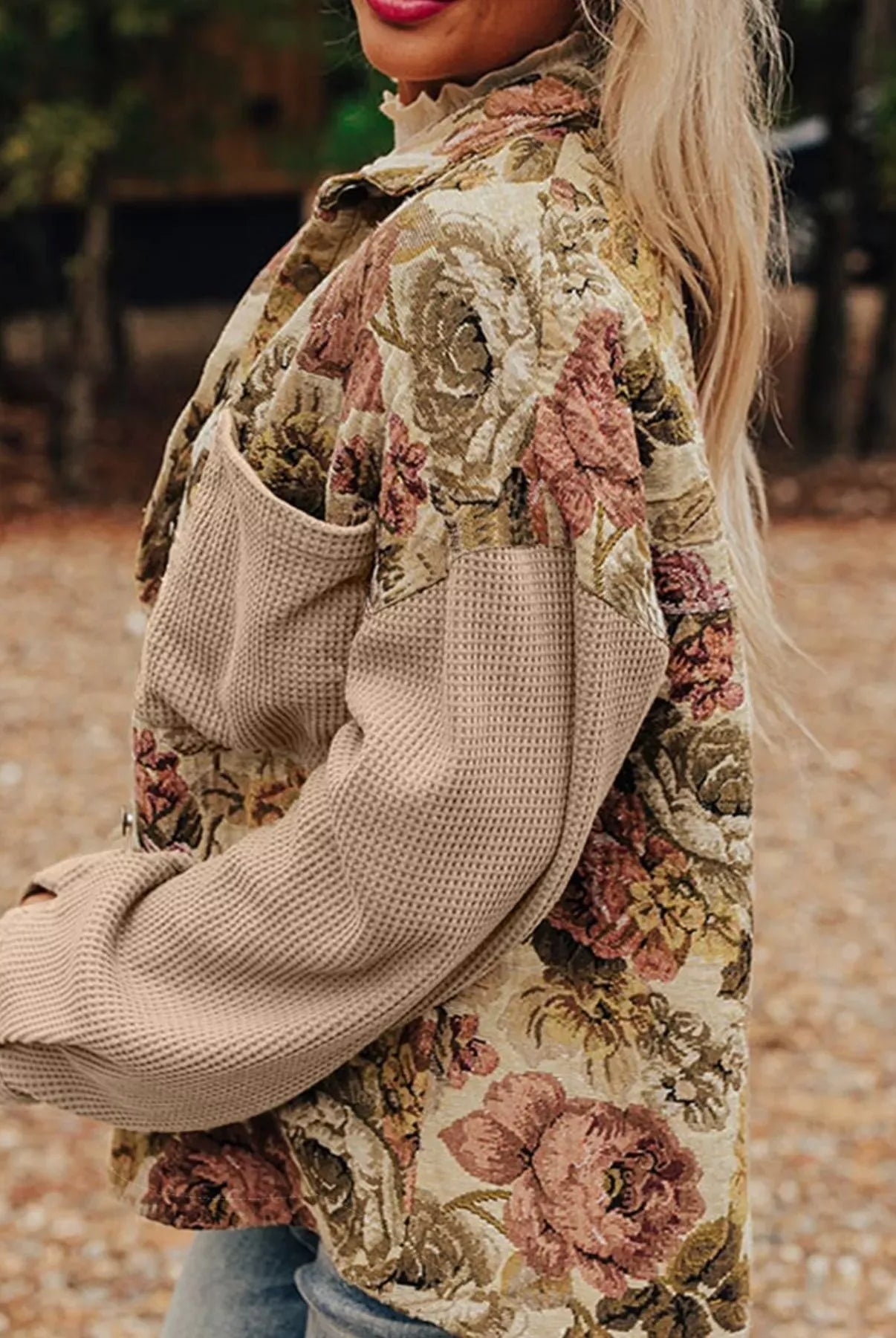 Floral Waffle Knit Patchwork Chest Pockets Buttoned Jacket-Jacket-Krush Kandy, Women's Online Fashion Boutique Located in Phoenix, Arizona (Scottsdale Area)