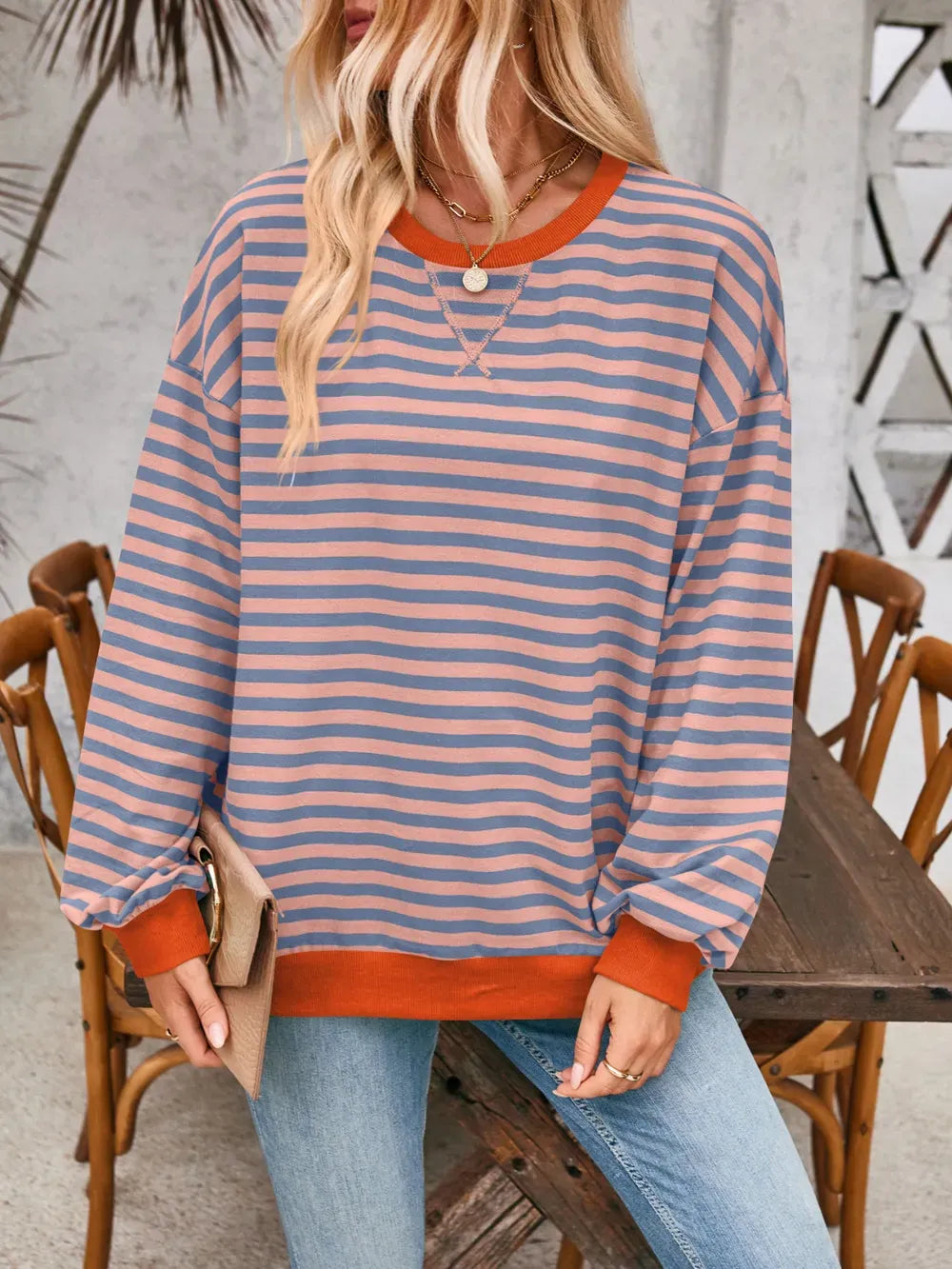 Lovelet Contrast Striped Long Sleeve Sweatshirt-Sweaters-Krush Kandy, Women's Online Fashion Boutique Located in Phoenix, Arizona (Scottsdale Area)