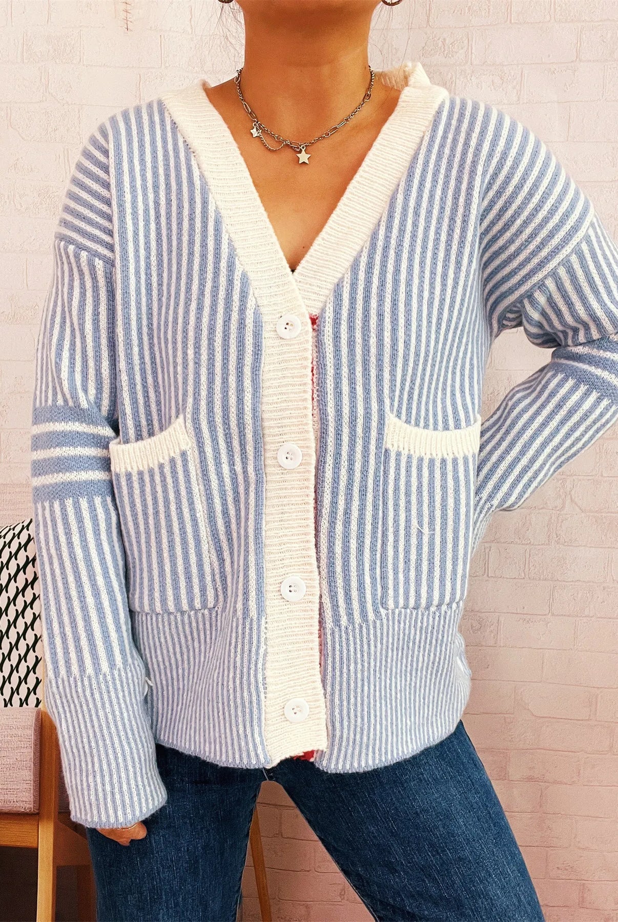 Striped Button-Front Cardigan with Contrast Trim-Cardigan-Krush Kandy, Women's Online Fashion Boutique Located in Phoenix, Arizona (Scottsdale Area)