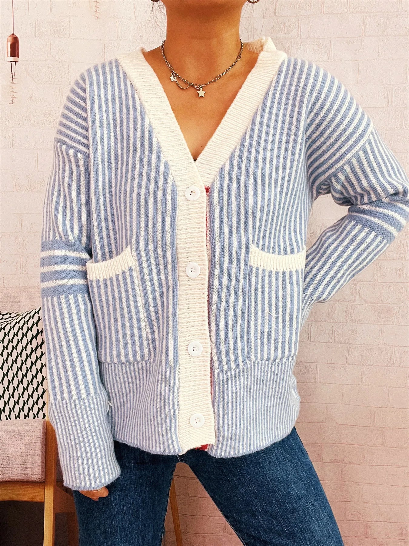 Striped Button-Front Cardigan with Contrast Trim-Cardigan-Krush Kandy, Women's Online Fashion Boutique Located in Phoenix, Arizona (Scottsdale Area)