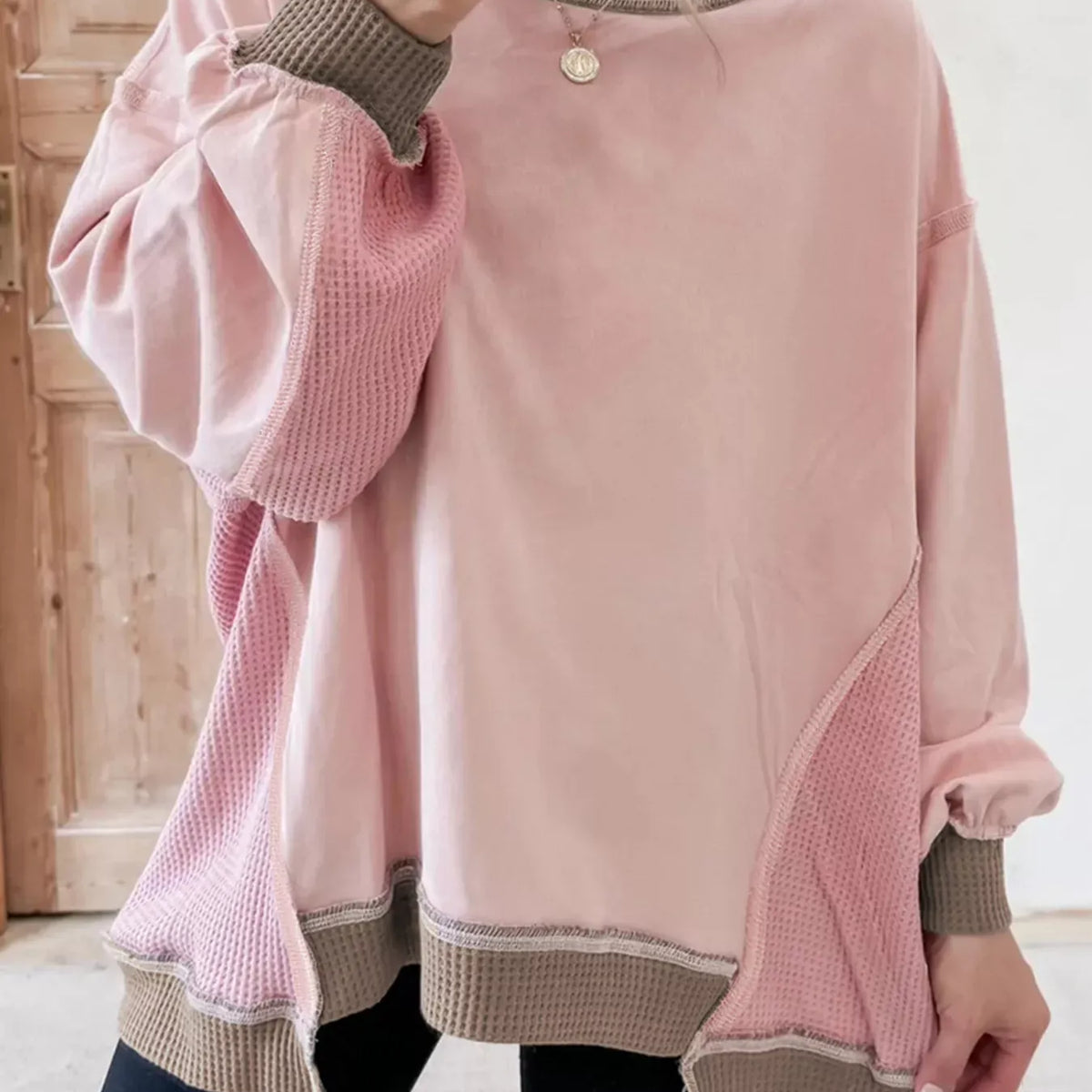 Color Block Mix Texture Waffle Patchwork Oversize Sweatshirt-Sweater-Krush Kandy, Women's Online Fashion Boutique Located in Phoenix, Arizona (Scottsdale Area)