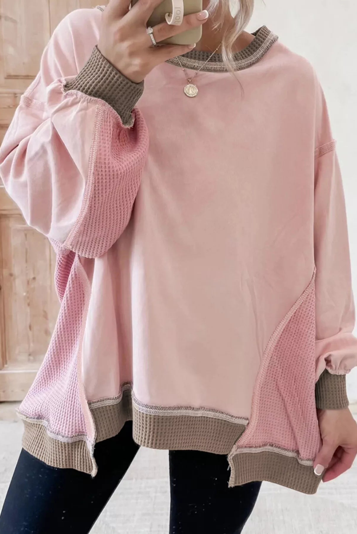 Color Block Mix Texture Waffle Patchwork Oversize Sweatshirt-Sweater-Krush Kandy, Women's Online Fashion Boutique Located in Phoenix, Arizona (Scottsdale Area)