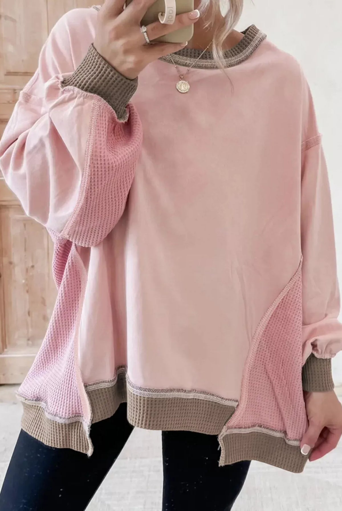 Color Block Mix Texture Waffle Patchwork Oversize Sweatshirt-Sweater-Krush Kandy, Women's Online Fashion Boutique Located in Phoenix, Arizona (Scottsdale Area)