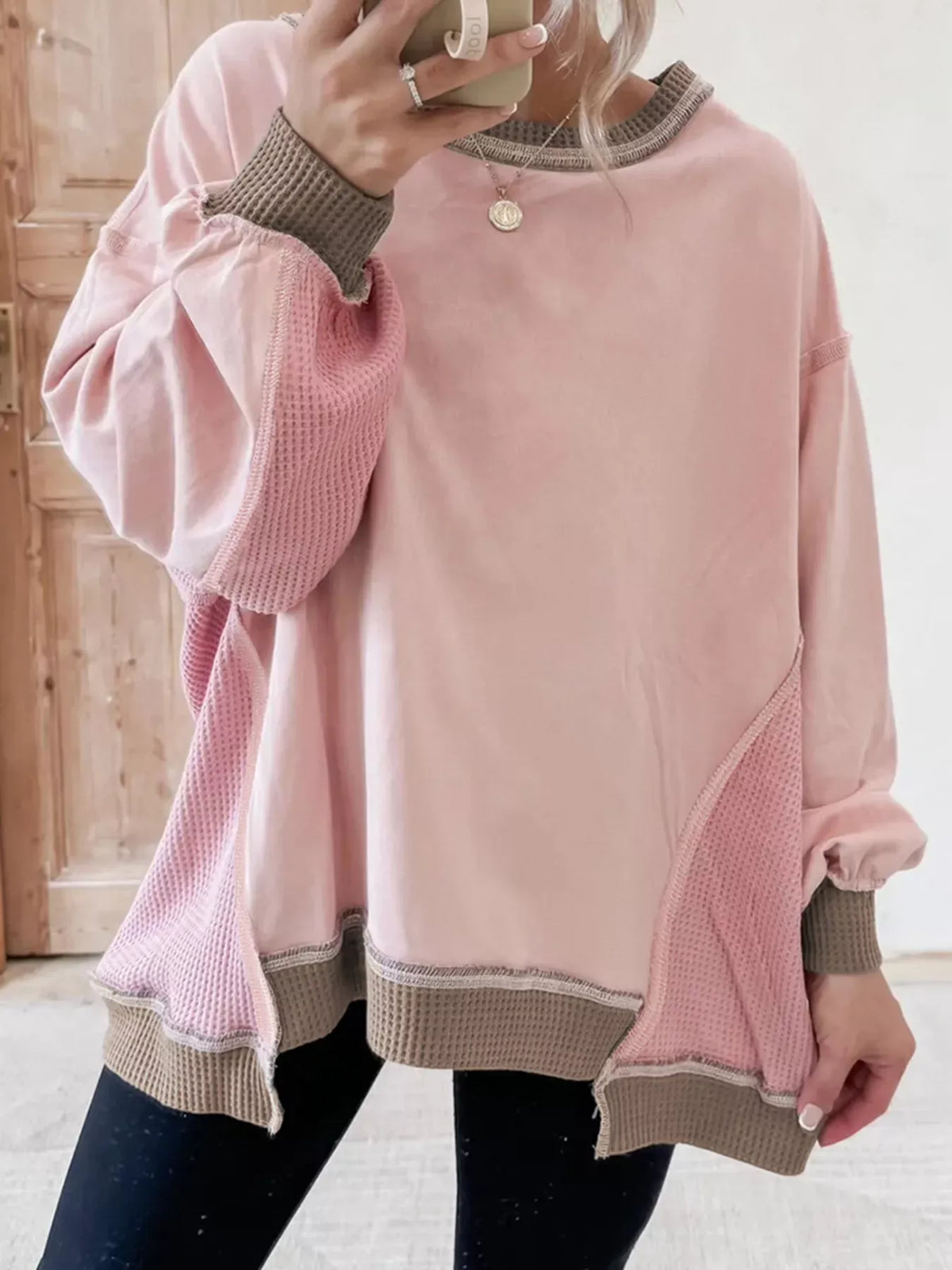 Color Block Mix Texture Waffle Patchwork Oversize Sweatshirt-Sweater-Krush Kandy, Women's Online Fashion Boutique Located in Phoenix, Arizona (Scottsdale Area)