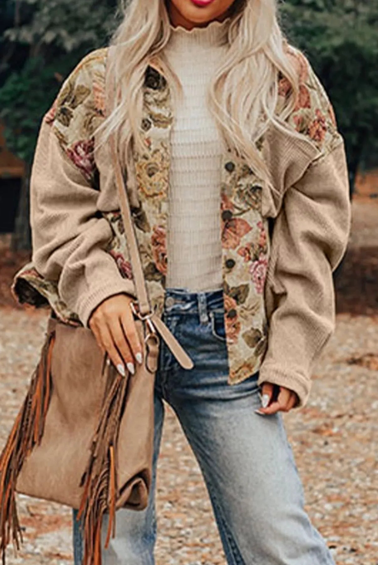 Floral Waffle Knit Patchwork Chest Pockets Buttoned Jacket-Jacket-Krush Kandy, Women's Online Fashion Boutique Located in Phoenix, Arizona (Scottsdale Area)
