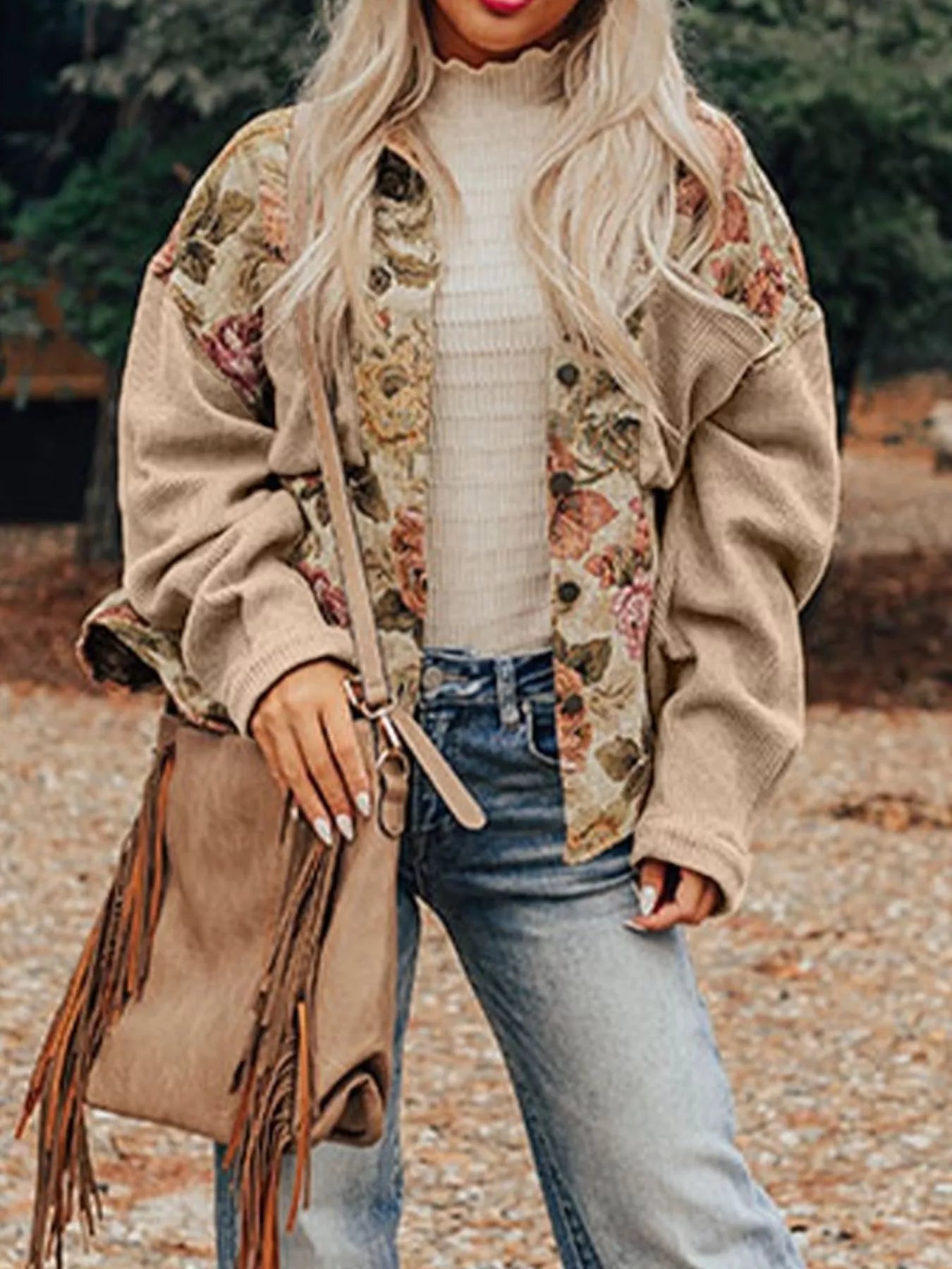 Floral Waffle Knit Patchwork Chest Pockets Buttoned Jacket-Jacket-Krush Kandy, Women's Online Fashion Boutique Located in Phoenix, Arizona (Scottsdale Area)