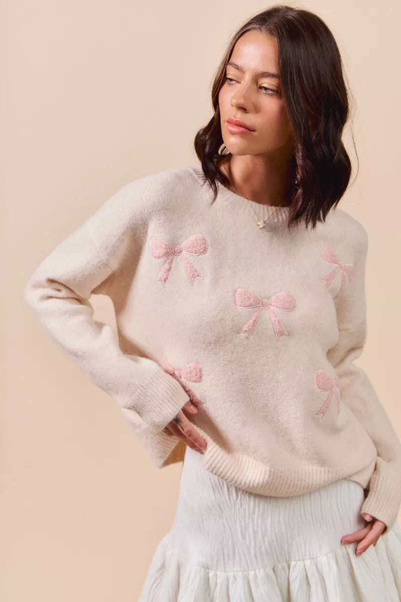 SO ME Embroidered Ribbon Round Neck Sweater-Sweaters-Krush Kandy, Women's Online Fashion Boutique Located in Phoenix, Arizona (Scottsdale Area)
