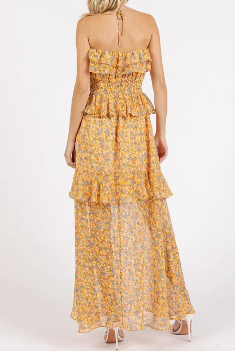 Mittoshop Ruffled Smocked Floral Halter Neck Maxi Dress-Dresses-Krush Kandy, Women's Online Fashion Boutique Located in Phoenix, Arizona (Scottsdale Area)