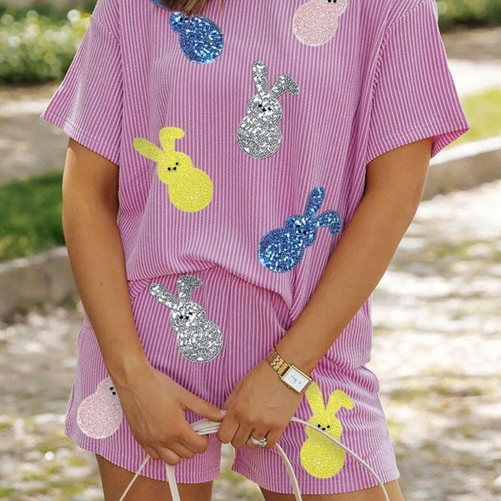 Ribbed Sequined Easter Bunny T-Shirt and Shorts Set-2 Piece Outfit Sets-Krush Kandy, Women's Online Fashion Boutique Located in Phoenix, Arizona (Scottsdale Area)