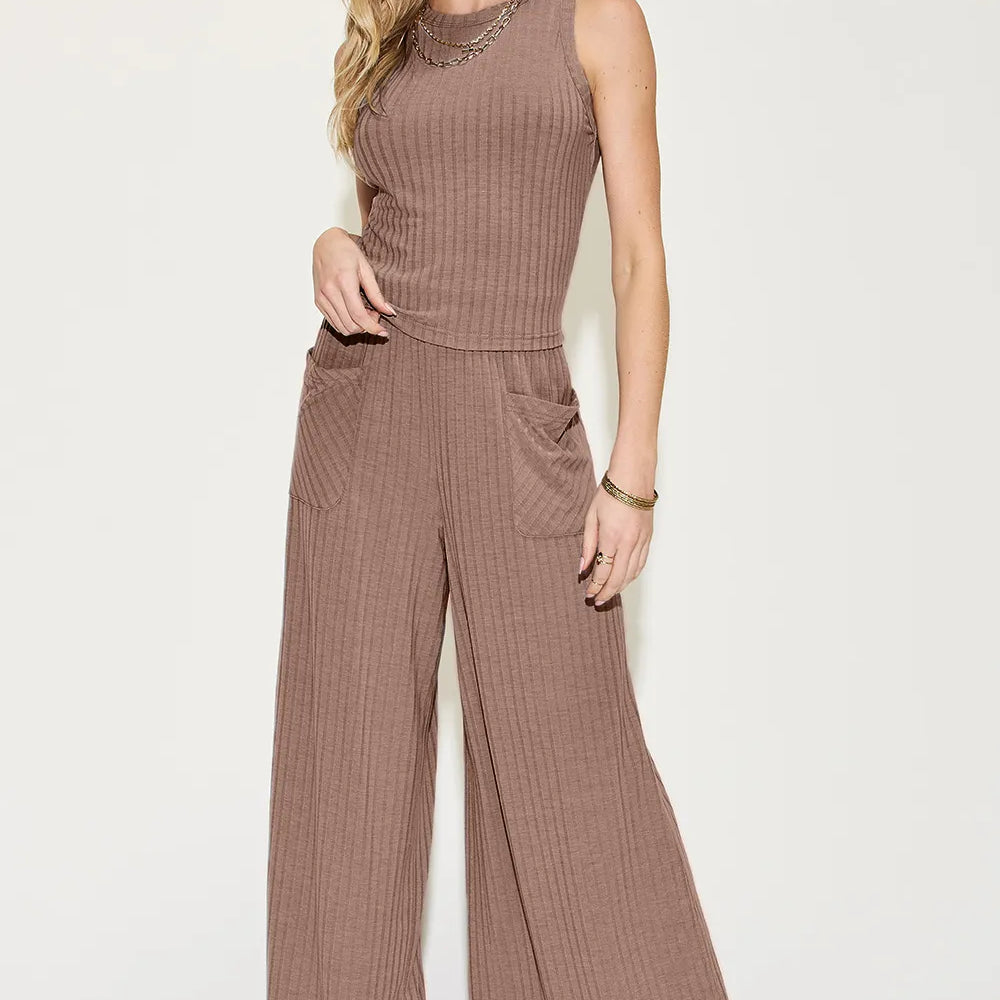 Basic Bae Full Size Ribbed Tank and Wide Leg Pants Set-2 Piece Outfit Sets-Krush Kandy, Women's Online Fashion Boutique Located in Phoenix, Arizona (Scottsdale Area)