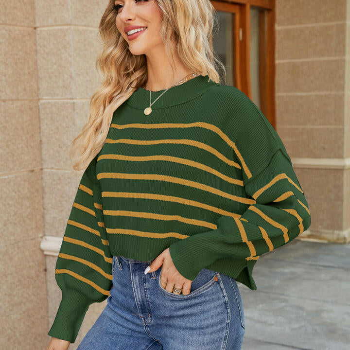 Round Neck Striped Lantern Sleeve Sweater-Krush Kandy, Women's Online Fashion Boutique Located in Phoenix, Arizona (Scottsdale Area)