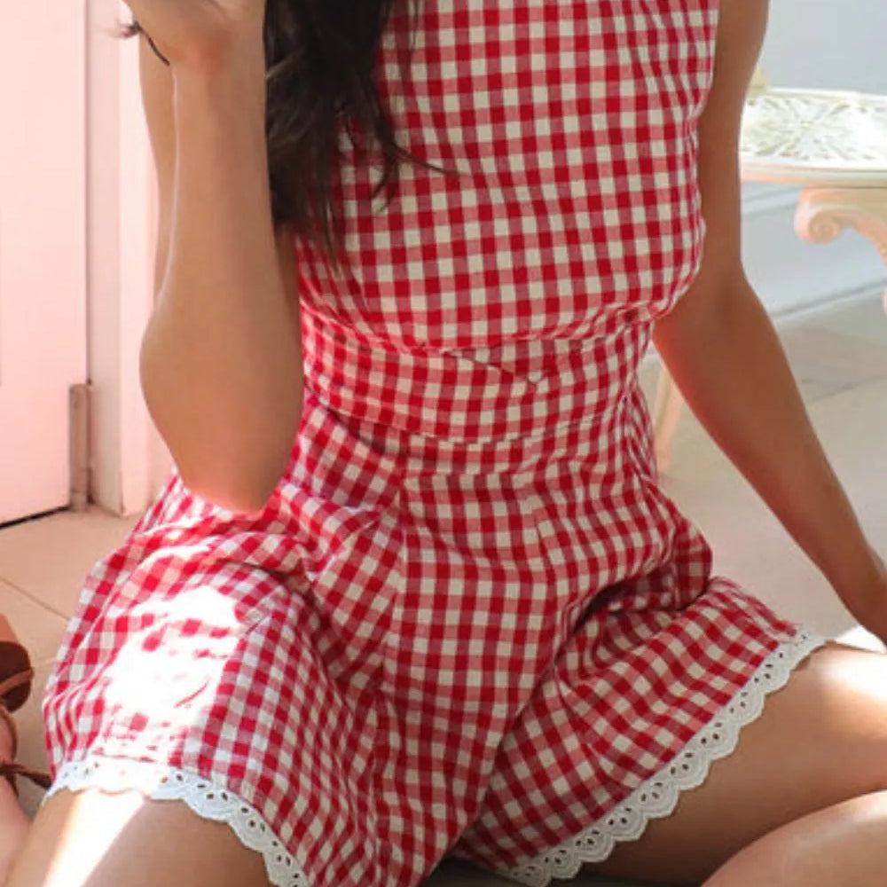 Lace Detail Plaid Sleeveless Romper-Tops-Krush Kandy, Women's Online Fashion Boutique Located in Phoenix, Arizona (Scottsdale Area)