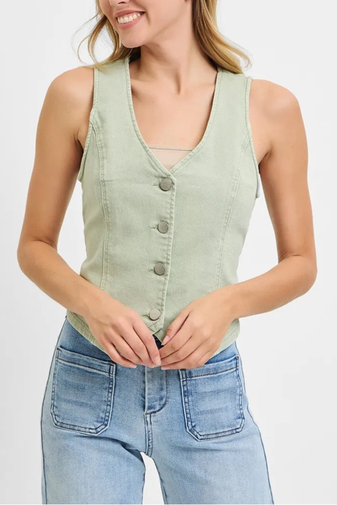 RISEN Full Size V Neck Button Down Vest Plus Size-Vests-Krush Kandy, Women's Online Fashion Boutique Located in Phoenix, Arizona (Scottsdale Area)