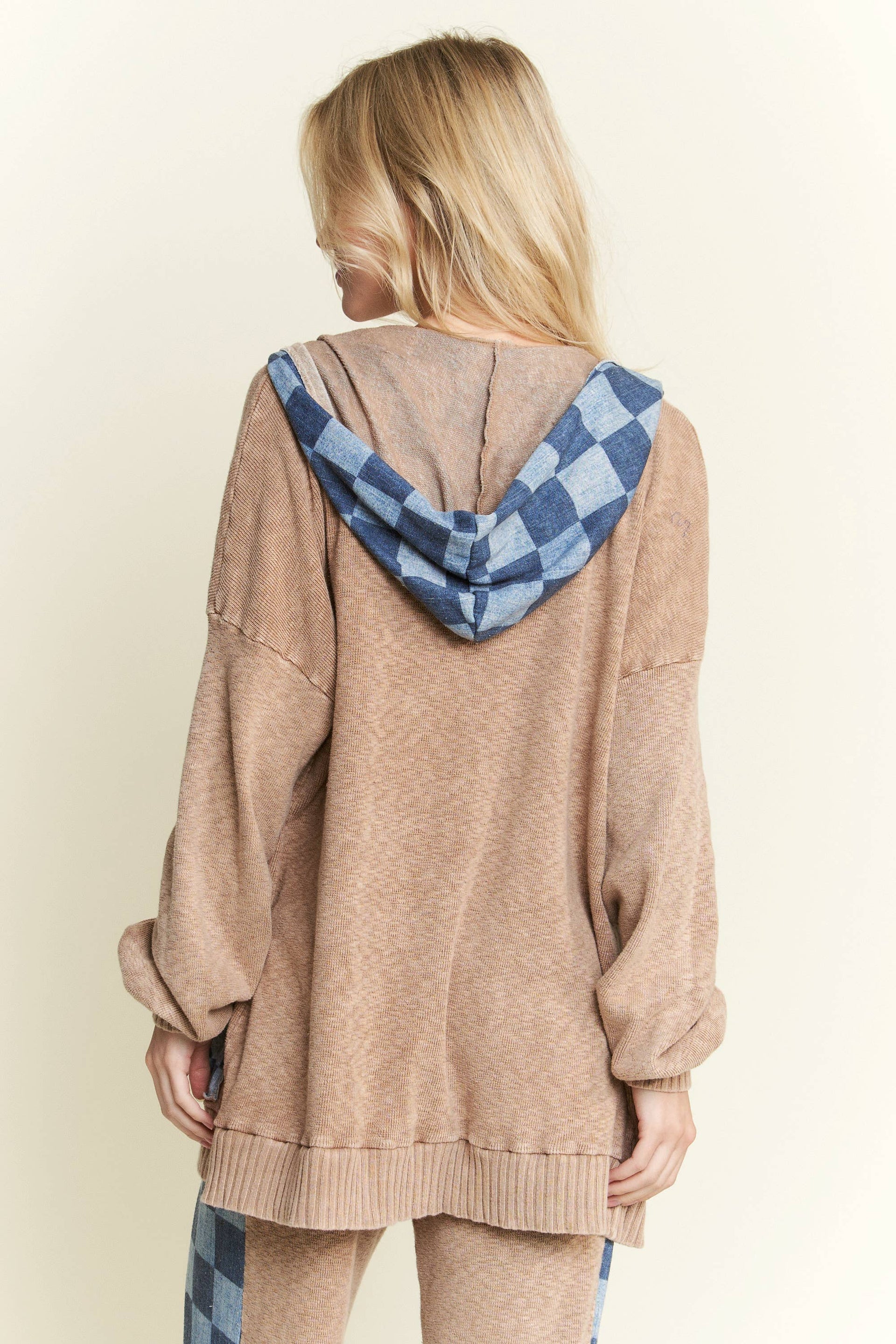 Mineral Wash Checkerboard Hoodie Sweater Cardigan-Jackets-Krush Kandy, Women's Online Fashion Boutique Located in Phoenix, Arizona (Scottsdale Area)