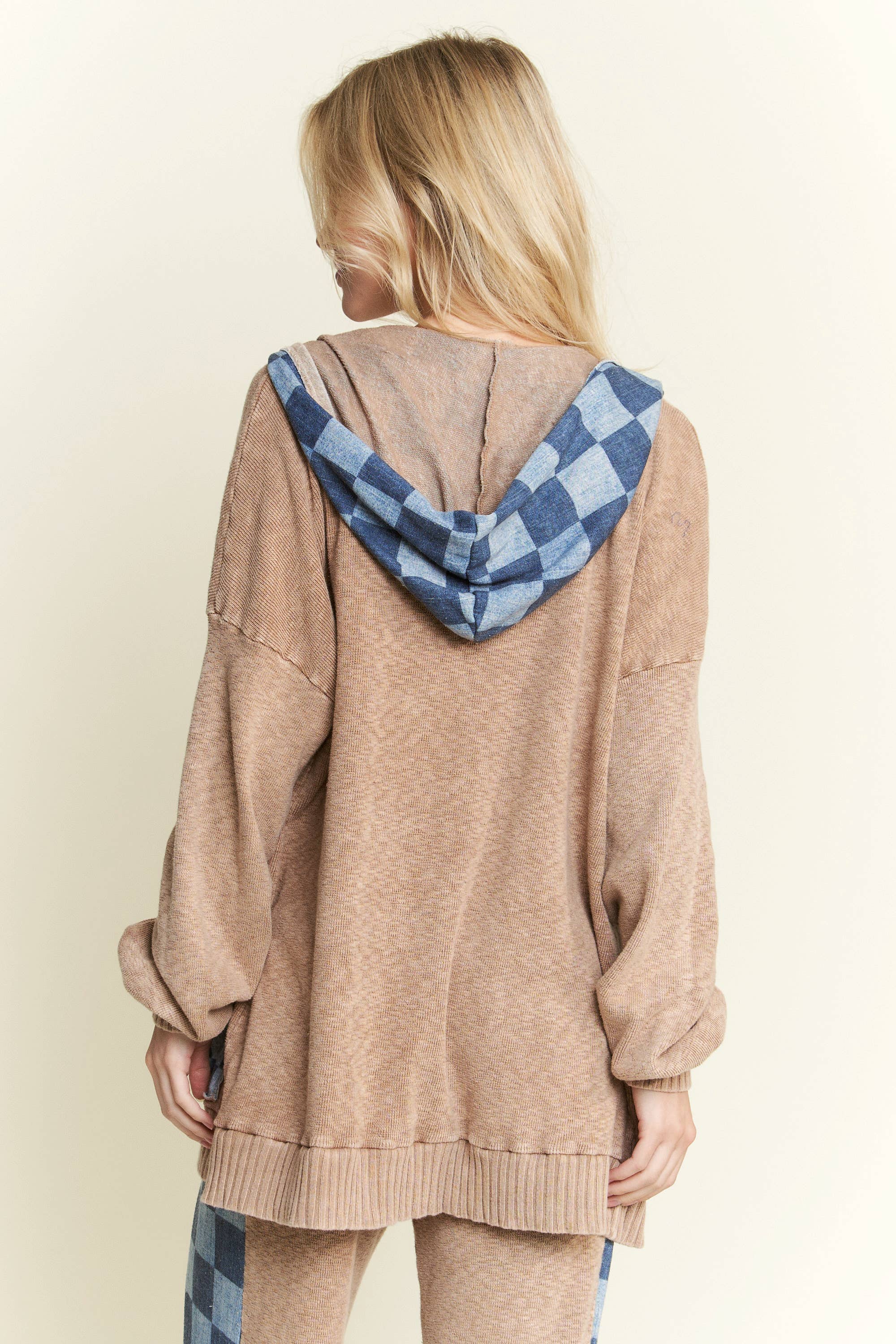 Mineral Wash Checkerboard Hoodie Sweater Cardigan-Jackets-Krush Kandy, Women's Online Fashion Boutique Located in Phoenix, Arizona (Scottsdale Area)