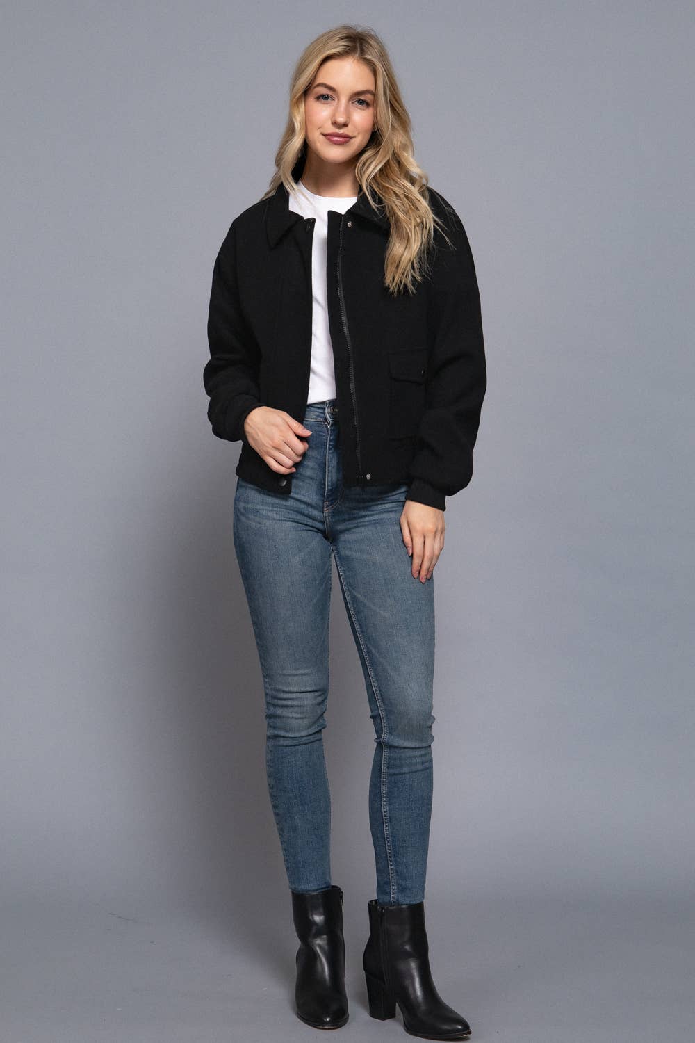 Long Sleeve Lapel Collar Soft Felt Bomber Jacket-Jackets-Krush Kandy, Women's Online Fashion Boutique Located in Phoenix, Arizona (Scottsdale Area)
