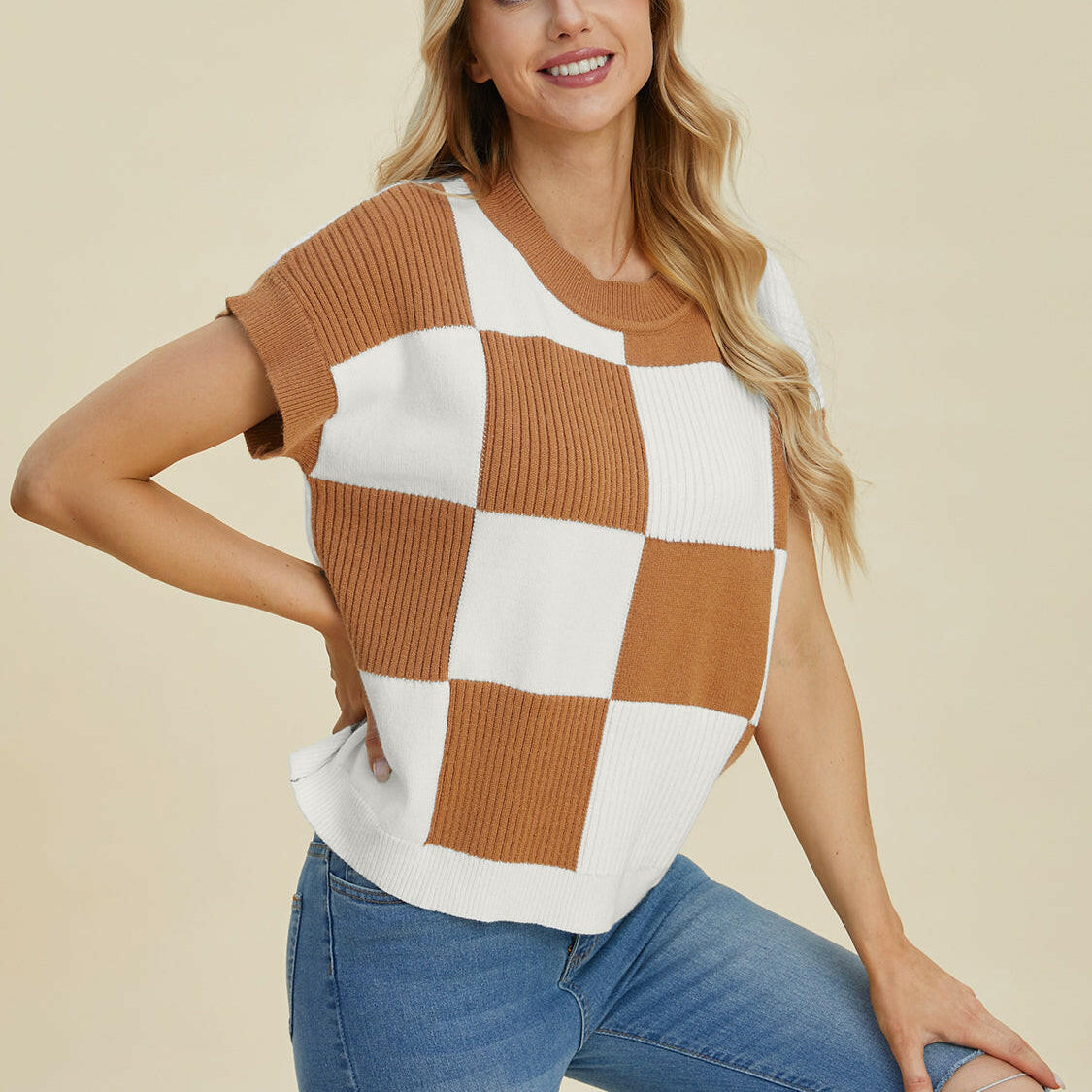 Double Take Full Size Checkered Round Neck Short Sleeve Sweater-Tops-Krush Kandy, Women's Online Fashion Boutique Located in Phoenix, Arizona (Scottsdale Area)