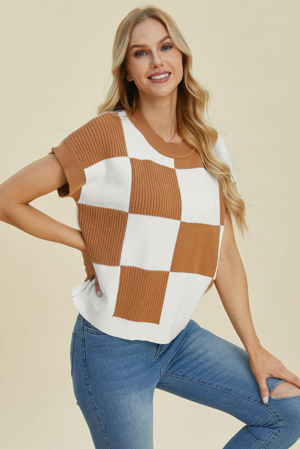 Double Take Full Size Checkered Round Neck Short Sleeve Sweater-Tops-Krush Kandy, Women's Online Fashion Boutique Located in Phoenix, Arizona (Scottsdale Area)