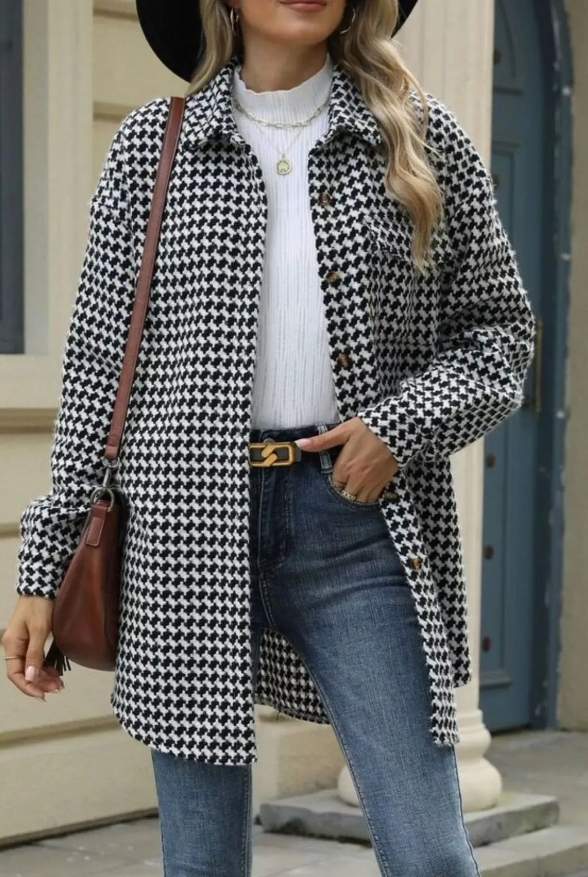 Houndstooth Button Up Long Sleeve Coat-Jacket-Krush Kandy, Women's Online Fashion Boutique Located in Phoenix, Arizona (Scottsdale Area)