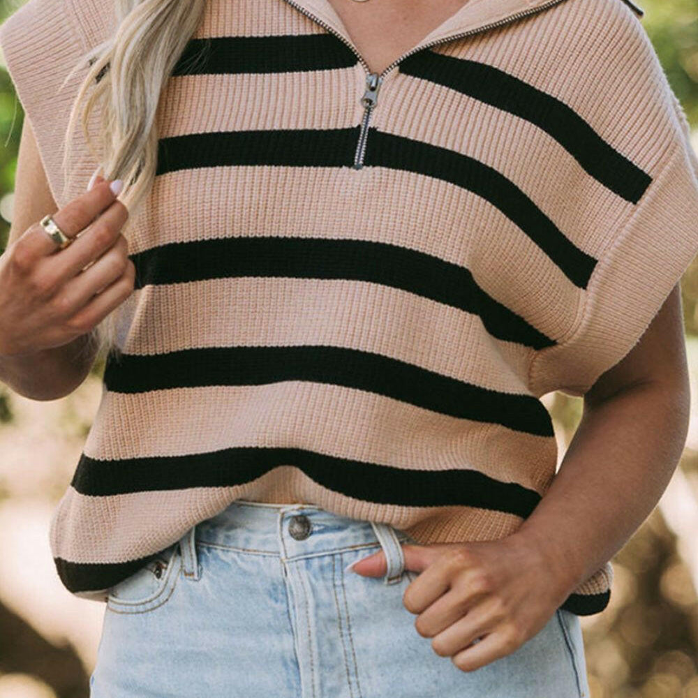Striped Half Zip Cap Sleeve Knit Top-Krush Kandy, Women's Online Fashion Boutique Located in Phoenix, Arizona (Scottsdale Area)