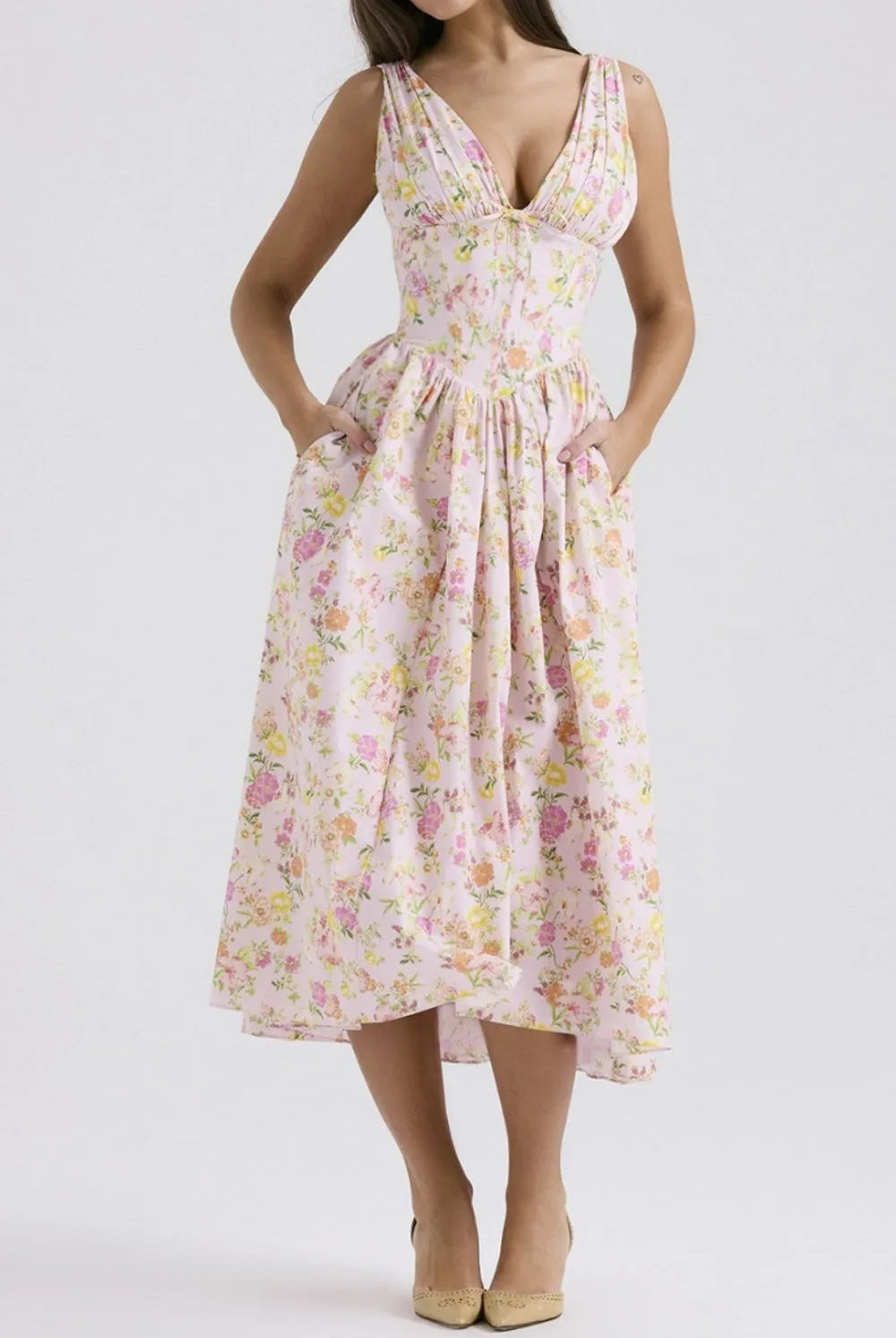 Floral V-Neck Sleeveless Midi Dress with Pockets-Dresses-Krush Kandy, Women's Online Fashion Boutique Located in Phoenix, Arizona (Scottsdale Area)