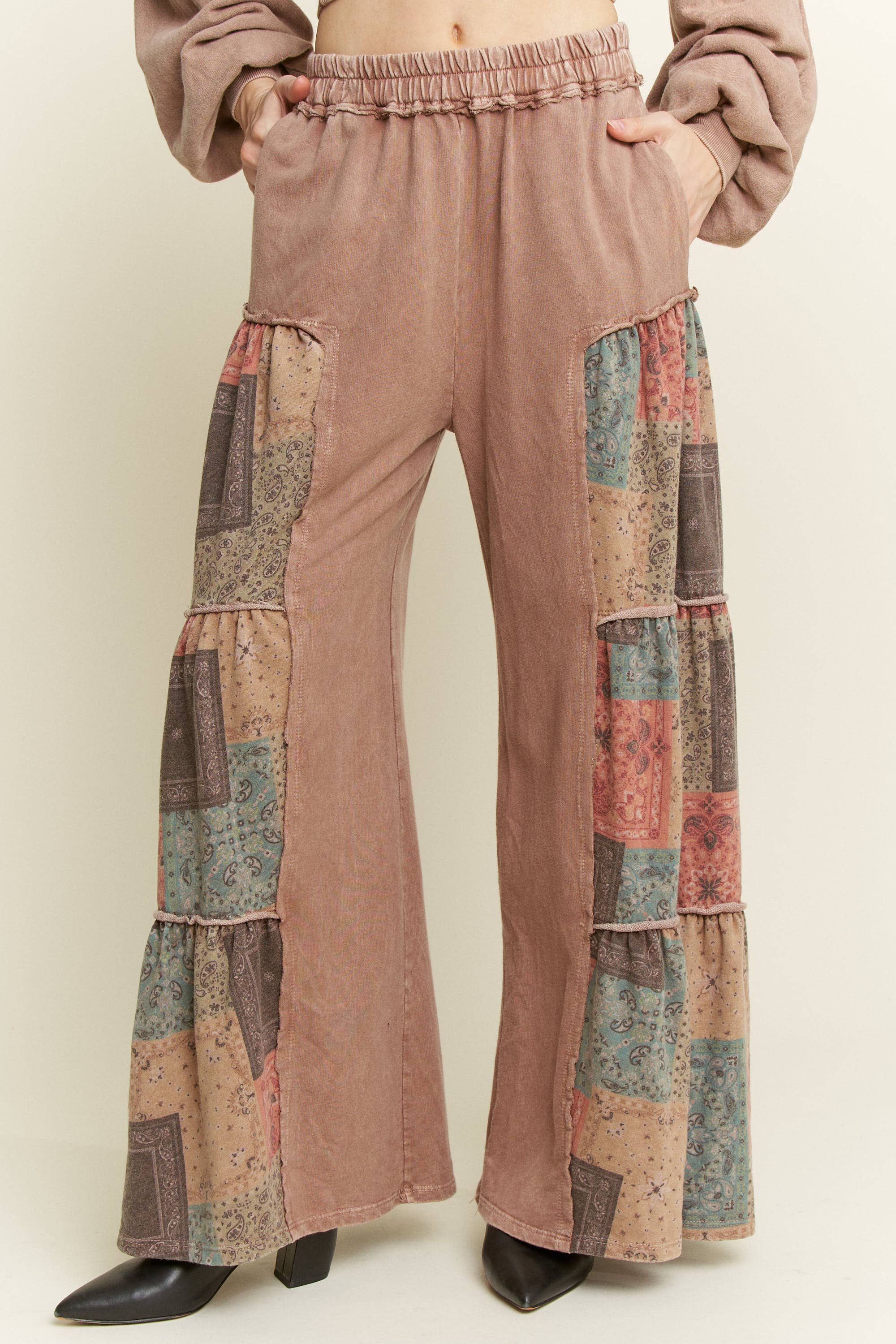 J.HER Mineral Washed Boho Patch Tiered Wide Pants-Pants-Krush Kandy, Women's Online Fashion Boutique Located in Phoenix, Arizona (Scottsdale Area)