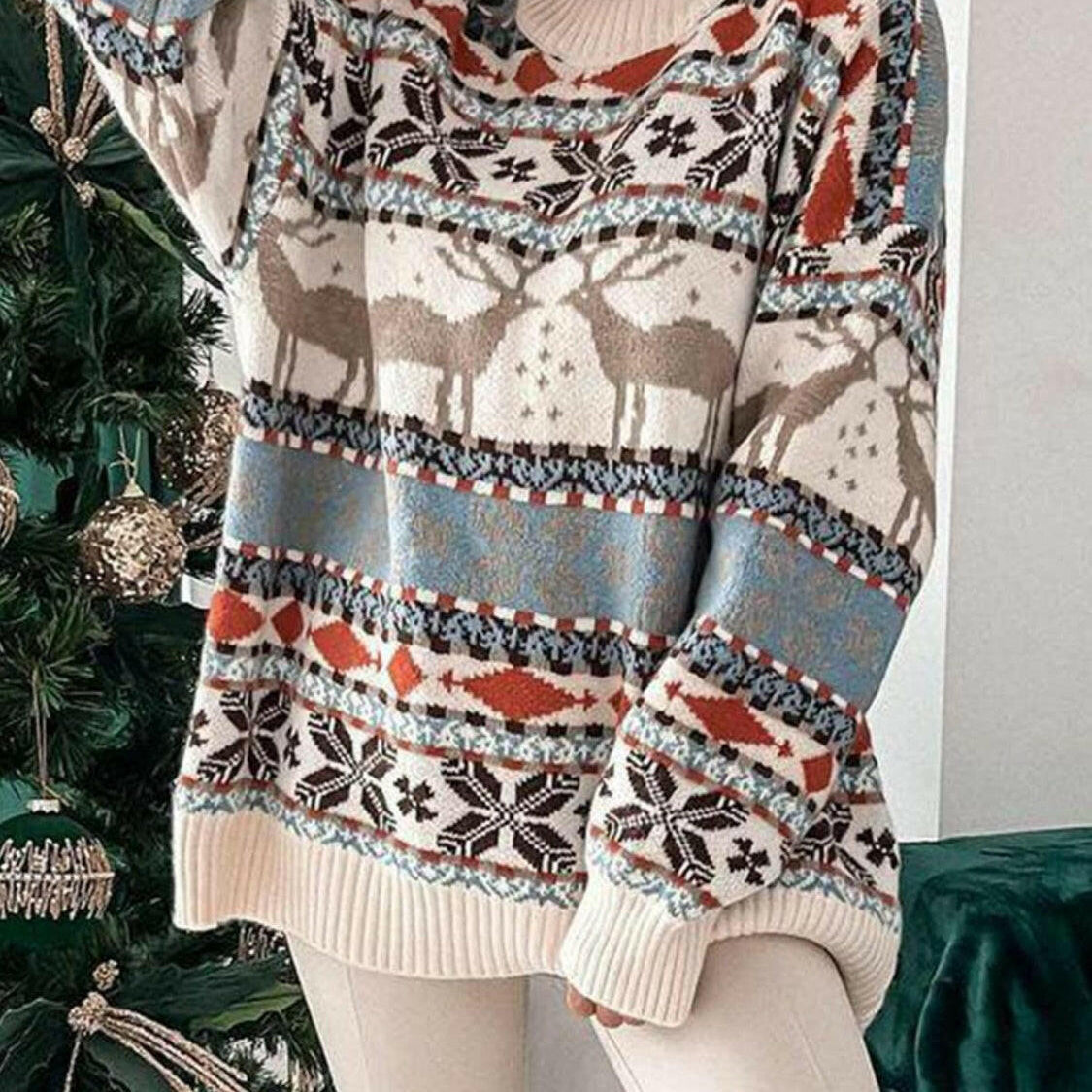 Geometric Round Neck Dropped Shoulder Sweater-Sweaters-Krush Kandy, Women's Online Fashion Boutique Located in Phoenix, Arizona (Scottsdale Area)