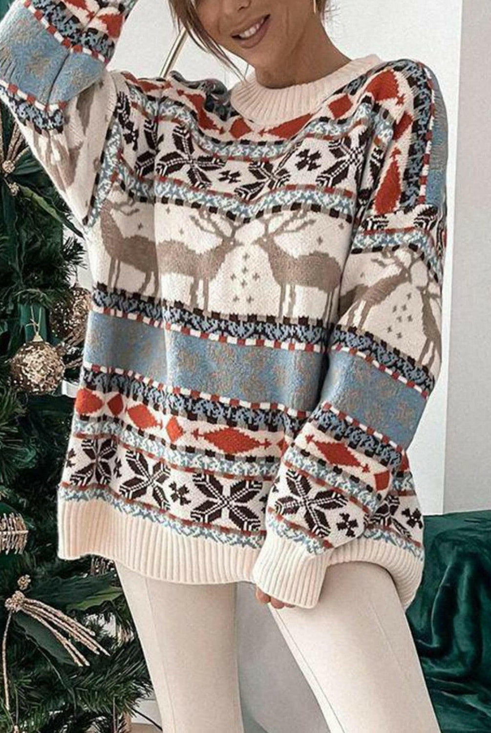 Geometric Round Neck Dropped Shoulder Sweater-Sweaters-Krush Kandy, Women's Online Fashion Boutique Located in Phoenix, Arizona (Scottsdale Area)