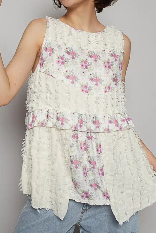 POL Round Neck Sleeveless Textured Woven Floral Top-Tops-Krush Kandy, Women's Online Fashion Boutique Located in Phoenix, Arizona (Scottsdale Area)